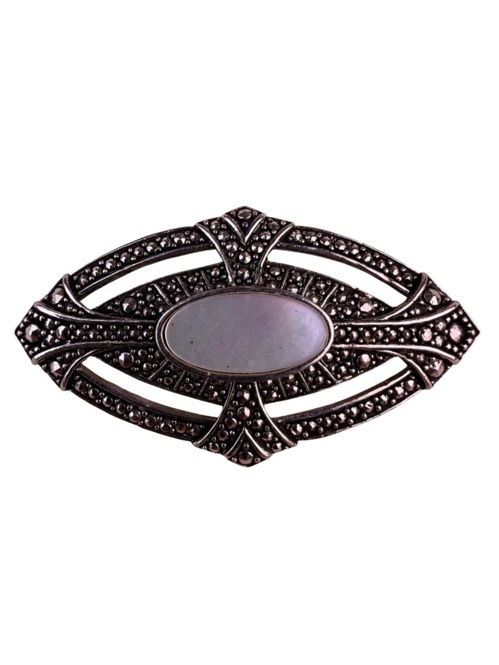 Vintage Silver Tone Brooch Marcasite & Mother-Of-Pearl Oval Design